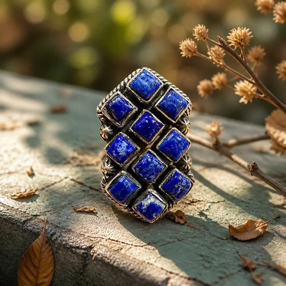 Lapis Lazuli Cluster Statement Sterling Silver Ring Size 7 BOHO